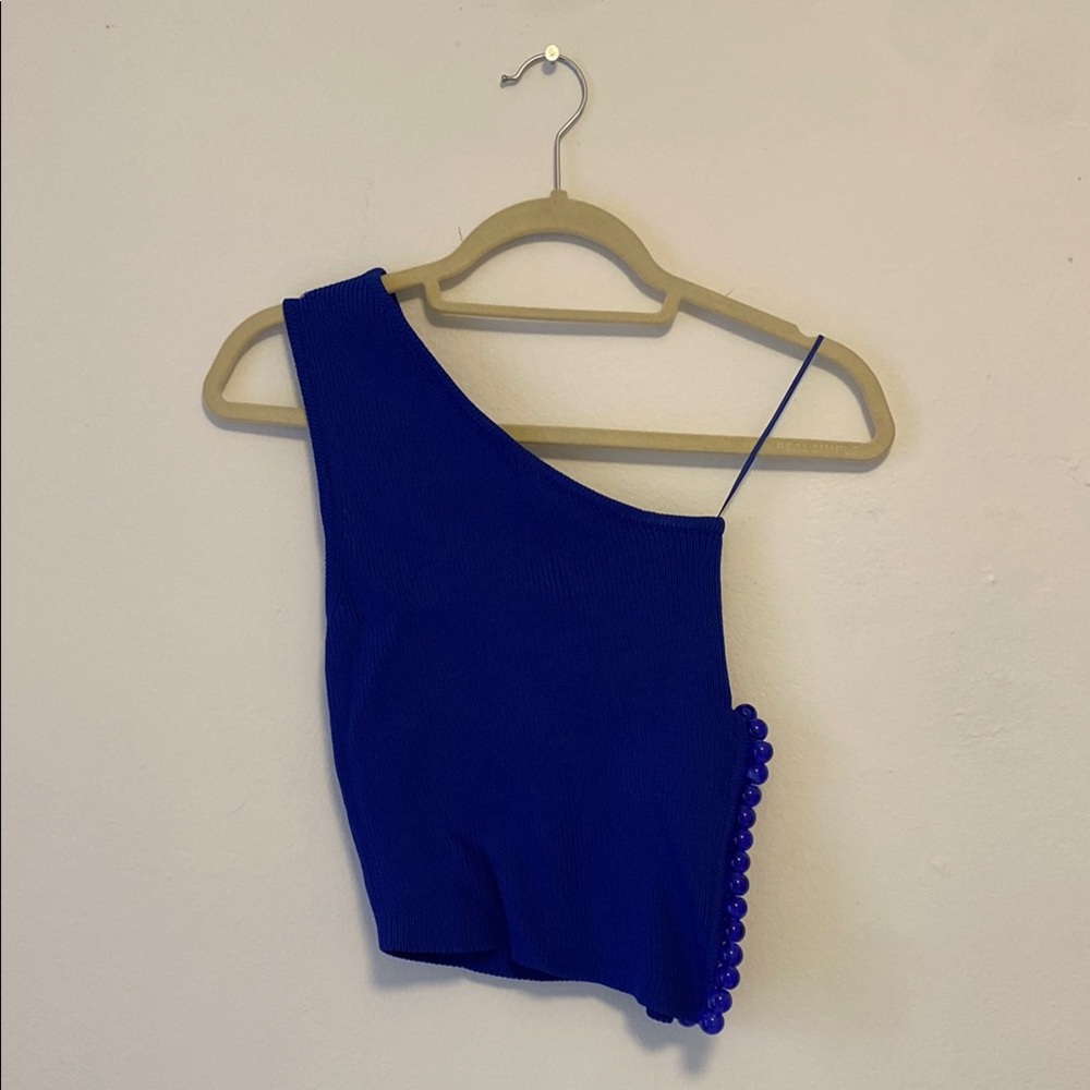 NWT Zara Blue One-Shoulder Top with Bead cutout Size small